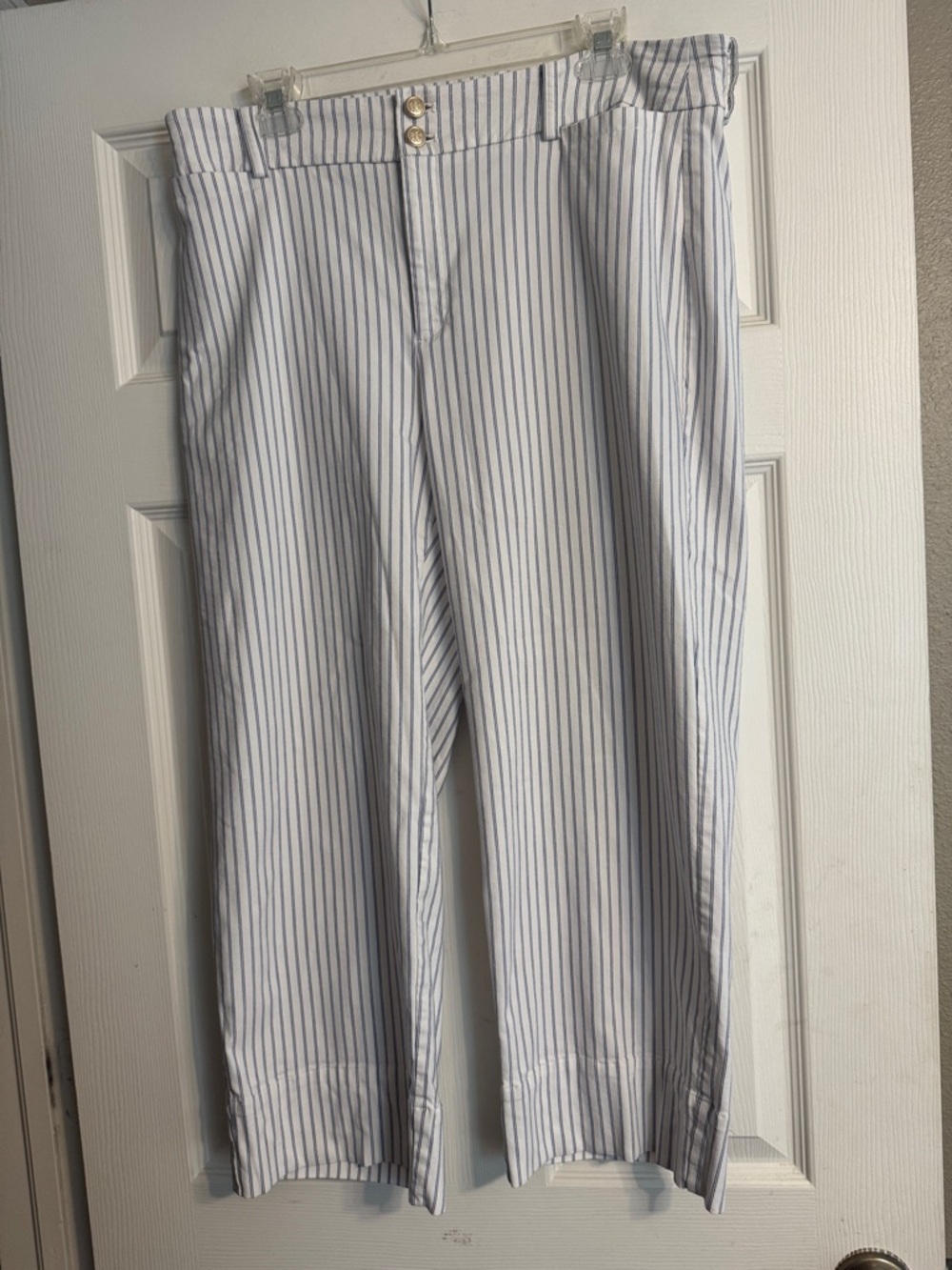 Chico's White Cropped Pants with Blue Pinstripes